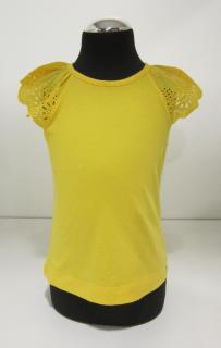 3023/79 Mayoral dívčí jednobarevné žluté tričko (top) s raglánovým krátkým krajkovým rukávem Barva: Žlutá, Velikost: 104 / 4 roky, Materiál: 98%…