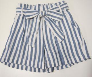3278/37 Mayoral dívčí modrobílé svisle pruhované lněné šortky s vysokým pasem a páskem vázacím na mašli Barva: Bílomodrá, Velikost: 110 / 5 let,…