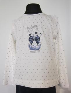 4007/73 Mayoral dívčí smetanové triko se stříbrnými puntíky, s dlouhým rukávem a s obrázkem květiny s mašlí v modré váze Barva: Smetanová, Velikost:…