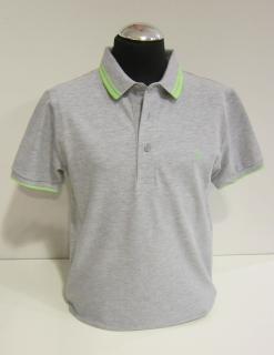 6134/63  Mayoral (NUKUTAVAKE) chlapecké šedé melírované polo (tričko s límečkem) s krátkým rukávem a elegantním límečkem s hráškově zeleným proužkem…