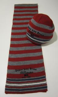 7157/X Ralph Sport chlapecký šedobordový pletený set čepice se šálou s pruhy Barva: Bordová, Velikost: 1/S 2-4 roky, Materiál: 70% akryl 30% vlna