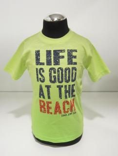 80457  BLUE SEVEN chlapecké neonově zelené tričko s krátkým rukávem s nápisem LIFE IS GOOD AT THE BEACH na předním díle Barva: Zelená, Velikost: 104,…