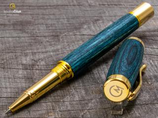 Dřevěné kuličkové pero Superior Blue Wood - Elegant gold č.441