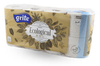 Toaletní papír Grite Ecological, 3vrstvý, 135 útržků, velmi jemný recykl, 8 rolí 14,85m