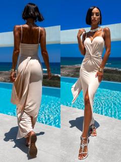 Béžové elegantní šaty SASKINE s rozparkem Velikost: M/L