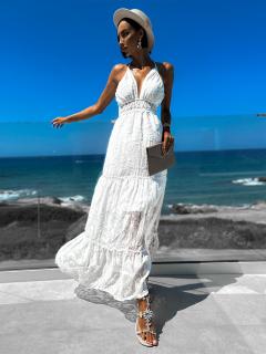 Bílé dlouhé elegantní šaty KARELS s volánem Velikost: ONESIZE