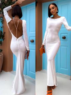 Bílé dlouhé elegantní šaty NINTENI s průstřihem na zádech Velikost: ONESIZE