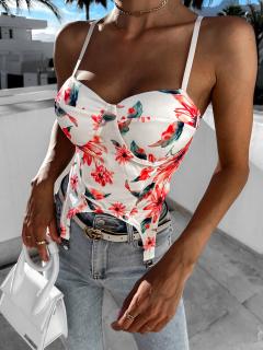 Bílý elegantní crop top AILINE s květinovým vzorem Velikost: M/L