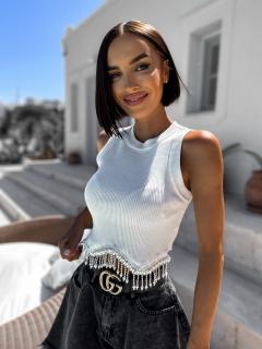 Bílý elegantní crop top SYNESTE s perličkami Velikost: ONESIZE