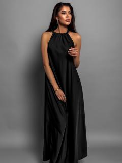 Černé elegantní lesklé šaty CORALLINE s vázáním kolem krku