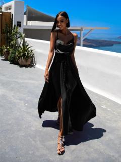 Černé lesklé elegantní šaty YASMINE s rozparkem Velikost: ONESIZE