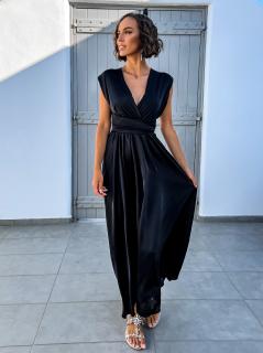 Černé lesklé šaty VALERDI s variabilním vázáním a rozparkem