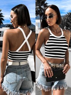 Černobílý crop top TRUETE s křížením na zádech Velikost: ONESIZE