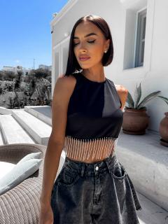 Černý crop top HYDRAY s třpytivými třásněmi Velikost: ONESIZE