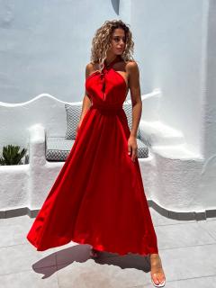 Červené lesklé šaty VALERDI s variabilním vázáním a rozparkem