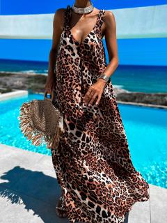 Hnědé dlouhé elegantní šaty ZAIRE s gepardím vzorem
