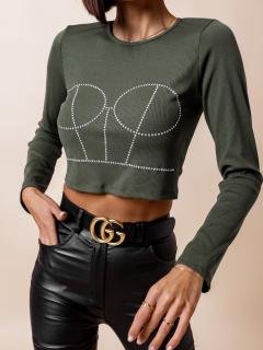 Khaki crop top AFRA s kamínky Velikost: ONESIZE