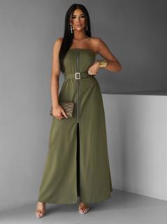 Khaki stylové dlouhé šaty AVILAL na zip Velikost: ONESIZE