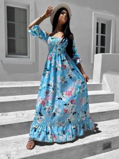 Modré dlouhé elegantní šaty LICIA s květinovým vzorem Velikost: ONESIZE
