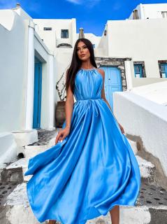 Modré dlouhé lesklé elegantní šaty MADES se zavazováním
