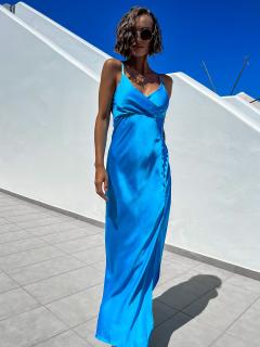Modré dlouhé lesklé šaty ROSES s rozparkem