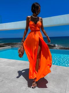 Neon oranžové elegantní šaty PATILLA s rozparkem Velikost: ONESIZE