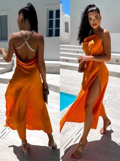 Oranžové lesklé elegantní šaty MENLEYS se zlatými ramínky