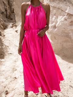 Růžové dlouhé lesklé elegantní šaty MADES se zavazováním