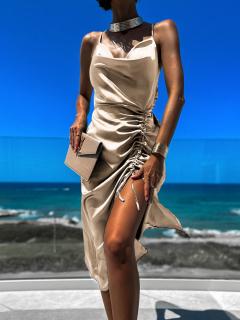 Světle hnědé elegantní šaty STELLAR s řasením Velikost: ONESIZE