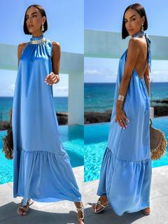 Světle modré lesklé dlouhé elegantní šaty SANTLOS Velikost: ONESIZE