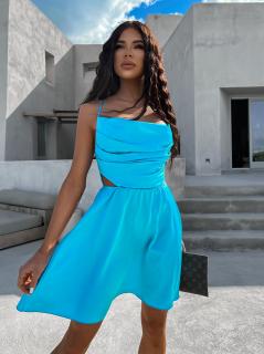 Světle modré lesklé elegantní šaty JEWELRY s průstřihy