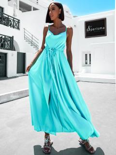 Světle modré lesklé elegantní šaty YASMINE s rozparkem