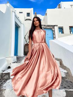 Světle růžové dlouhé lesklé elegantní šaty MADES se zavazováním Velikost: ONESIZE