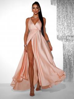 Světle růžové dlouhé lesklé šaty PERFECTLY s výstřihem Velikost: ONESIZE