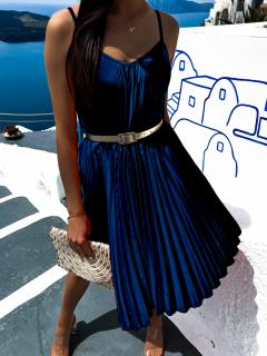Tmavě modré lesklé plisované šaty CLAURA se zlatým páskem Velikost: ONESIZE