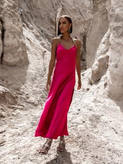 Tmavě růžové lesklé elegantní šaty MENLEYS se zlatými ramínky