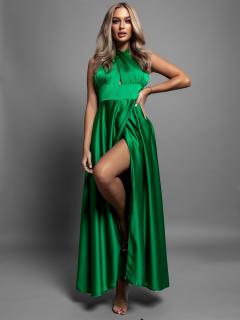 Zelené dlouhé elegantní lesklé šaty TARRISA s rozparkem