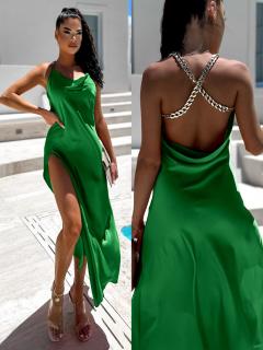 Zelené lesklé elegantní šaty MENLEYS se zlatými ramínky