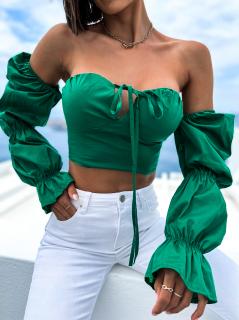 Zelený elegantní crop top CORCES s volánky