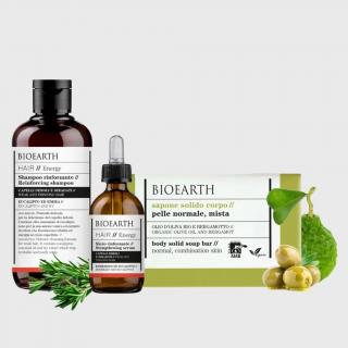 Bioearth Dárkový balíček proti vypadávání vlasů (Posilující šampon 250ml + Posilující sérum 50ml + tělové mýdlo 150g)