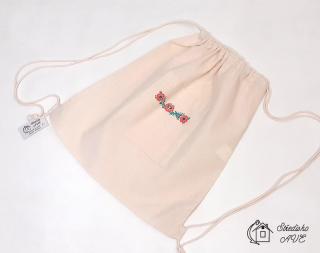 Lehký batůžek na záda - přírodní s kapsou a folklorním potiskem