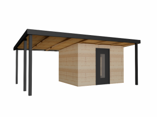 Zahradní dřevěný domek PURE s přístřeškem ,bez podlahy terasy 6 x 4 m Tloušťka stěny: Palubky 28mm