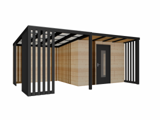 Zateplený dřevěný domek BARBADOS s přístřeškem, bez podlahy terasy 6 x 4 m Tloušťka stěny: zateplené 19mm