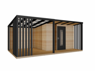 Zateplený dřevěný domek BARBADOS s přístřeškem, s podlahou terasy 6 x 4 m Tloušťka stěny: zateplené 19mm
