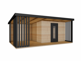 Zateplený dřevěný domek CLOUD s přístřeškem a s podlahou terasy 6 x 4 m Tloušťka stěny: zateplené 19mm
