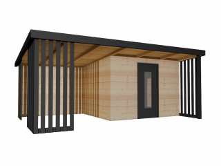 Zateplený dřevěný domek CLOUD s přístřeškem, bez podlahy terasy 6 x 4 m Tloušťka stěny: zateplené 19mm