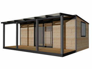 Zateplený dřevěný domek FLOW s přístřeškem 5 x 5 m Tloušťka stěny: zateplené 19mm
