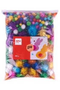 Pom-pom guľôčky s trblietkami - Jumbo pack, 400 ks, mix veľkostí a farieb