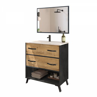 Umyvadlová skříňka HUDSON s umyvadlem a zrcadlem; imitace mramoru / dub zlatý