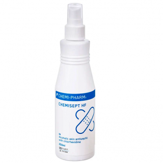CHEMISEPT HF 250 ml (Bezbarvá kožní dezinfekce na bázi ethanolu s chlorhexidinem pro předoperační dezinfekci pokožky a chirurgické zákroky)